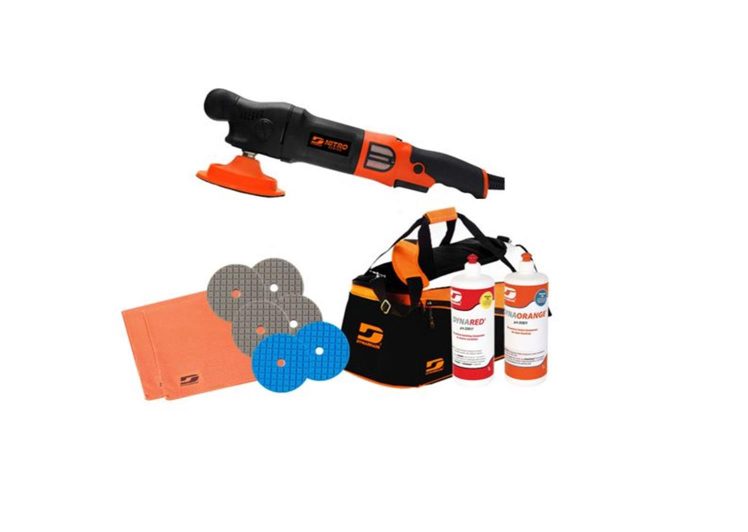 “DYNABRADE set – rotaciona polirka 1000w, 125-150 mm, 800-3300 rpm + 6 spužvi + 2 krpe mikrofibra + 2 x pasta + zaštitna pregača + torba DYNAFR07”