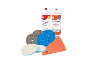 DYNABRADE set za poliranje pasta + 6 spužvi + 2 krpe mikrofibra + zaštitna pregača DYNAFR10